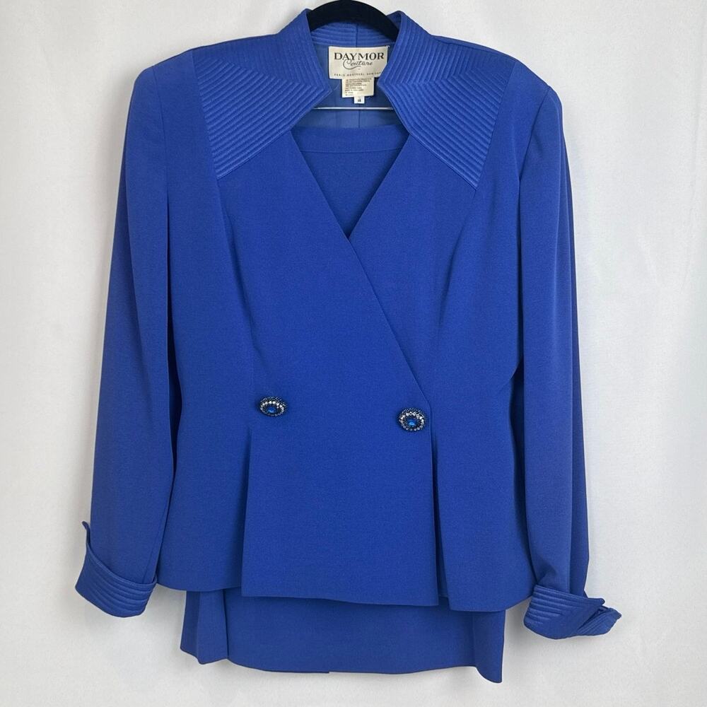 Daymor Couture Womens Jeweled Straight Skirt Suit Size 14 Royal Blue 90s Elegant